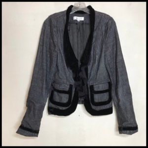 Boho Distressed Victorian Vibes Black Denim Jacket Velvet Raw Hem Trim Size 10